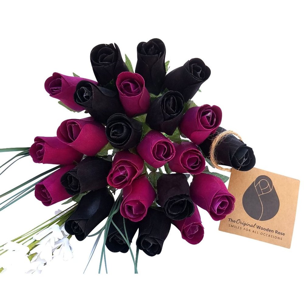 2 Dozen Halloween Black and Violet Bouquet. The Original Wooden Rose Flower Bouq